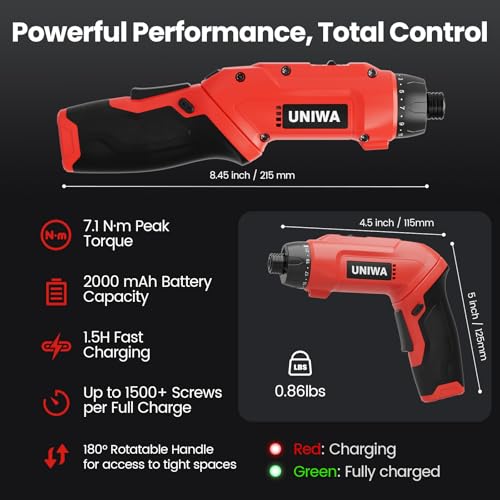 UNIWA Cordless Electric Screwdriver Rechargeable, 650 RPM Power Drill-Red - color: Red