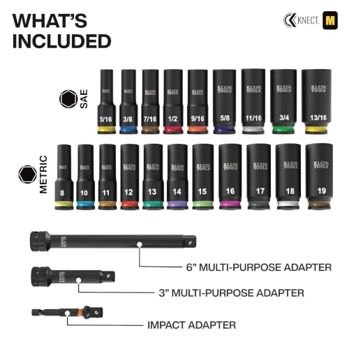 Klein Tools 65121IMPCT KNECT Deep-Well 3/8-Inch Drive Impact Socket Set, SAE and Metric, 23-Piece Tool Set, Impact Driver Adapter, Multi-Purpose Wrench Adapter, Color-Coded, MODbox Socket Organizer - style: 23-Piece Metric & SAE Set