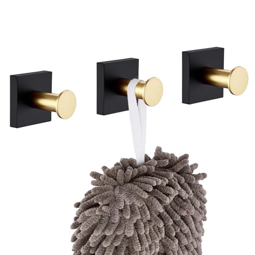 KOKOSIRI Robe Hooks Bath Towel Hooks for Wall Closet Kitchen Hanging Towels Bathroom Hardware Black with Gold Stainless Steel 3 Pack, B1016GDK-P3 - color: Black Gold, size: 3 Pack