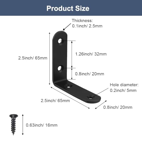 6 Pcs Black L Bracket Corner Braces Stainless Steel 65x65mm Heavy Duty Shelf Bracket for Wood, Shelves, 90 Degree Support Joint Right Angle Brackets - size: 6PCS-Black 65*65mm/ 2.5in