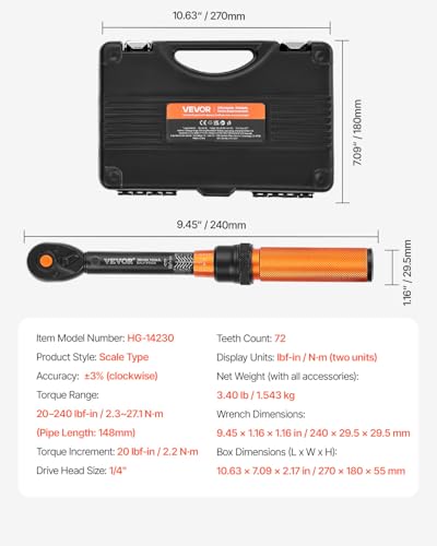 VEVOR 50Pcs Torque Wrench Set, 1/4 Inch Drive, 20-240IN.LB(2.3-27.1Nm), 72-Tooth Inch Pound Click Torque Wrench with Bit Sockets, Adapters, for MTB, E-Bike, Motorcycle - size: 1/4" 50 PCS