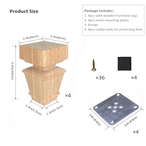4 Inch Wooden Furniture Legs with Mounting Plates Screws Set of 4 Solid Wood Unfinished European Style Replacement Furniture Feet for Couch Cabinet Sofa Ottoman TV Stand Home DIY Projects (4 inch) - color: 4 Inch