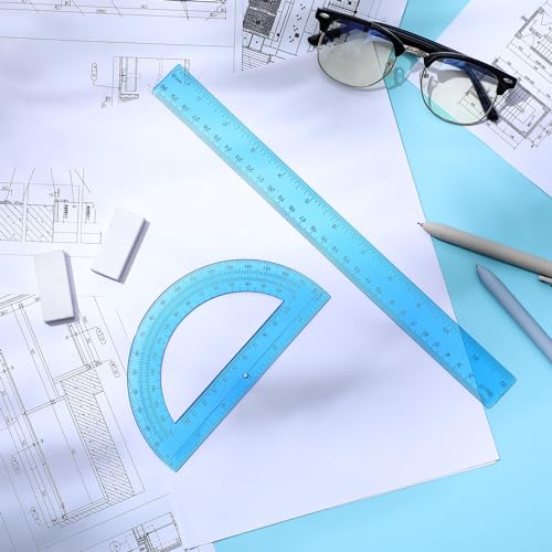 Zonon 2 Pcs 12 Inch Clear Ruler and 6 Inch Plastic Protractor Set, Blue - color: Blue