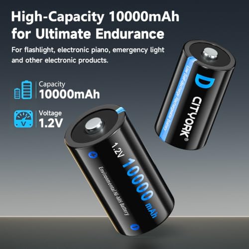 CITYORK 4 Pack 10000mAh Rechargeable D Batteries with Charger, 8 Bay LCD Universal Battery Charger for 1.2V AA AAA C D Ni-MH/Ni-CD Rechargeable Batteries, USB Quick Charge