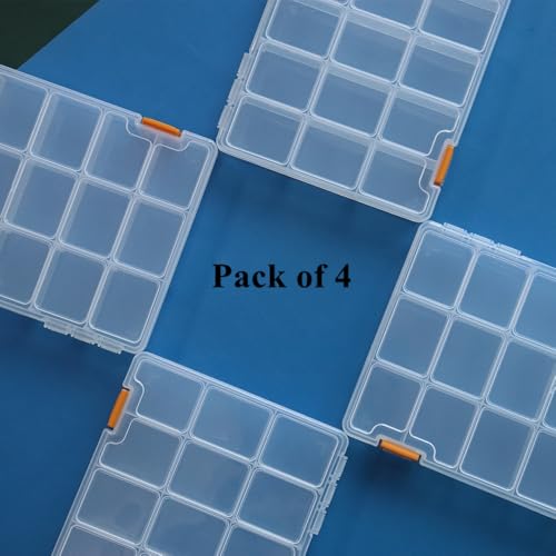 4 Pack 18 Grids Clear Plastic Storage Box with Dividers, Transparent Organizer Container Case for Small Parts, Bead, Button, Jewelry, Diamond, Craft Supplies,Sewing Kit, DIY Accessories - size: 18 Grids