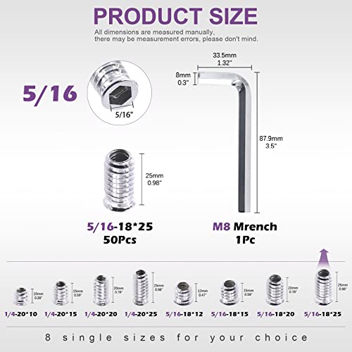 Swpeet 50Pcs 5/16"-18 x 25mm Carbon Steel White Zinc Plated Carbon Furniture Screw in Nut Threaded Wood Inserts Threaded Inserts Bolt Fastener Connector Hex Socket (5/16"-18 x 25mm) - size: 5/16"-18 x 25mm