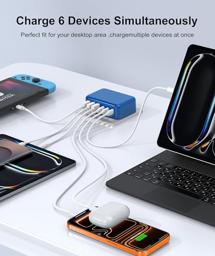 USB C Wall Charger, 100W 6 Port USB C Charging Station Hub Cube Wall Outlet - color: Dark Blue