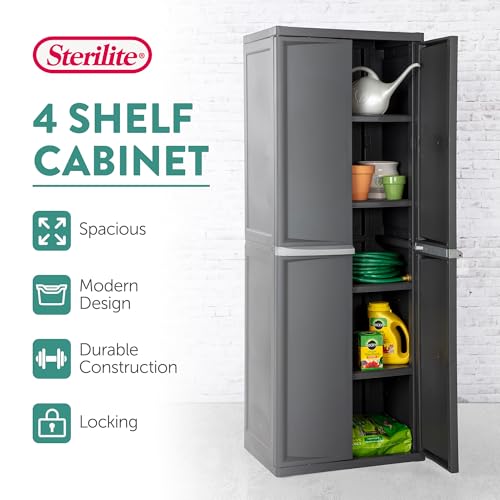 Sterilite 4 Shelf Cabinet, Lockable Utility Storage, Gray