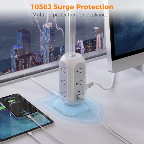 TESSAN Tower Power Strip Flat Plug with 1050J Surge Protection, 6 Ft, Grey (Pack of 2) - color: White, size: 6 Feet (Pack of 2)
