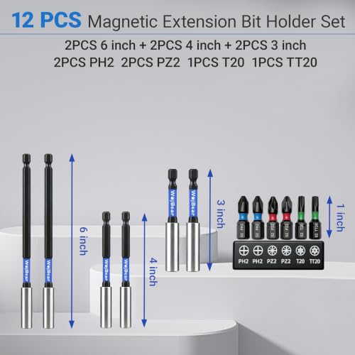 6 PCS Magnetic Extension Bit Holder Set, 2 * 3inch 2 * 4inch 2 * 6inch, Drill Bit Holder for Impact Driver with 6 PCS Screwdriver Bits, 2*PZ2 2*PH2 T20 TT20 - size: 2*3 \ 2*4 \ 2*6 inch