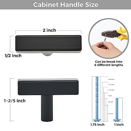 5 Pack Black Cabinet Knobs, 2in Length T-Square Bar Drawer Pulls | Single Hole Grip, Stainless Steel Build, Kitchen Cabinet Restyle, For Drawers, Dressers, Cupboards, Closet Doors - color: Matte Black, size: 5 Pack, style: Sqaure Bar