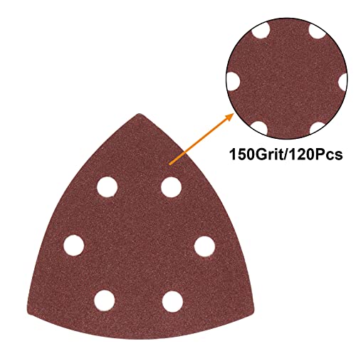 120 Pcs Triangle Sanding Pads, 150 Grits Detail Sander Sandpaper Hook and Loop Sanding Sheet,3.54"(90mm) Triangular Sandpaper for 3.5" Oscillating Multi Tool - size: 150 Grit, style: Hole