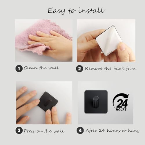 Adhesive Towel Hooks 6 Pack, Bath Towel Hooks, Adhesive Wall Hooks for Bathroom Coat Robe Kitchen, Stainless Steel self-Adhesive Hooks, Black - color: Cylinder