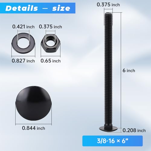 Glvaner (6 Sets) 3/8-16 x 6 Stainless Steel Carriage Bolts Screws Black and Hex Nuts & Flat Washers Black, Round Head Square Neck, 304 Stainless Steel 18-8, Full Thread Coverage - size: 3/8-16 x 6"