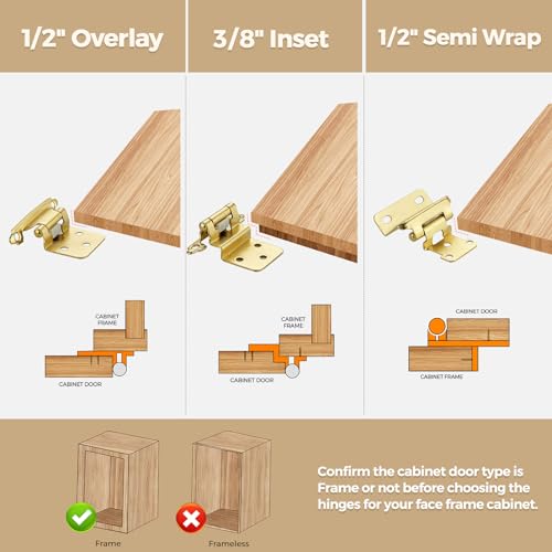 4 Pack 2 Pair Gold Cabinet Hinges, 1/2" Overlay Semi-Concealed Hinges - color: Gold, size: 1/2" Overlay