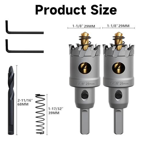 Metal Hole Saw 1-1/8''(29mm) 2Pcs Set Heavy Duty Tungsten Carbide Tipped Hole Cutters Set with a nitrided Step Drill and L-flench, for Steel Iron,Aluminum,Stainless stell,Plastic - size: 1-1/8''(29mm)-2PCS