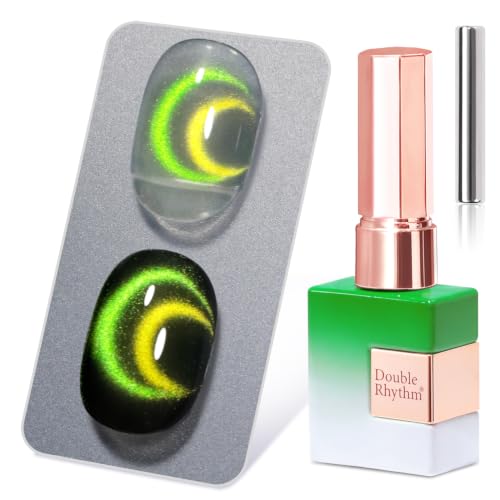 Double Rhythm Jelly Glass Cat Eye Gel Polish with Magnet 15ML Holographic Glitter Shimmer Translucent Color Magnetic Nail Polish Salon DIY at Home (Yellow Green-MC1377) - color: Halo Green Yellow