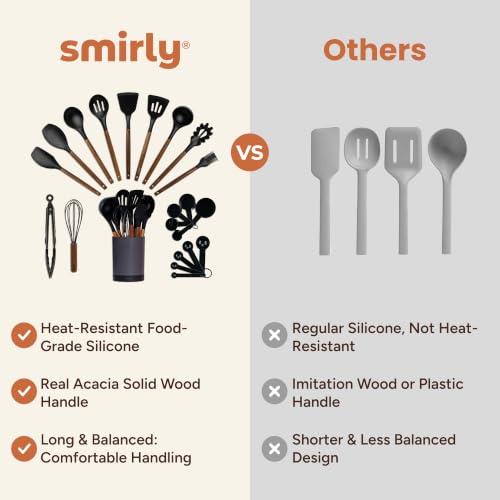 SMIRLY Silicone Kitchen Utensils Set, 22-Piece Acacia Wood Handle, Black - color: Black
