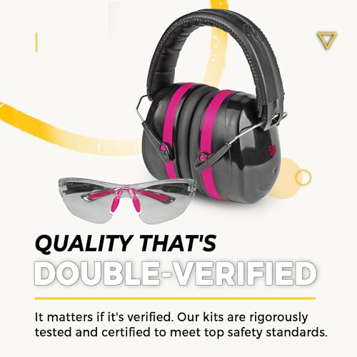 TradeSmart Shooting Ear Protection for Gun Range, NRR 28 Earmuffs & Eyewear - color: Clear Glasses - Pink