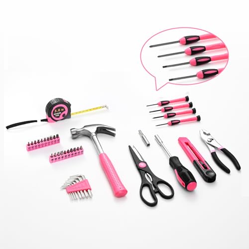 HANGYING 39-Piece Household Tool Set, Pink Tool Kit for Women with Toolbox - color: Pink
