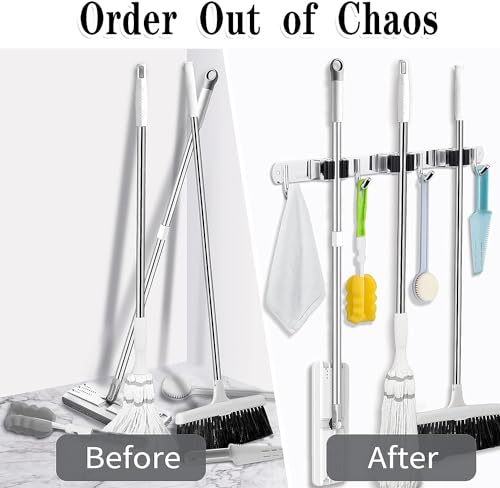 2 Pack Broom Holder Wall Mount, 3 Racks 4 Hooks Mop and Broom Organizer - color: 3 Racks & 4 Hooks (Silver) - 2 Pack