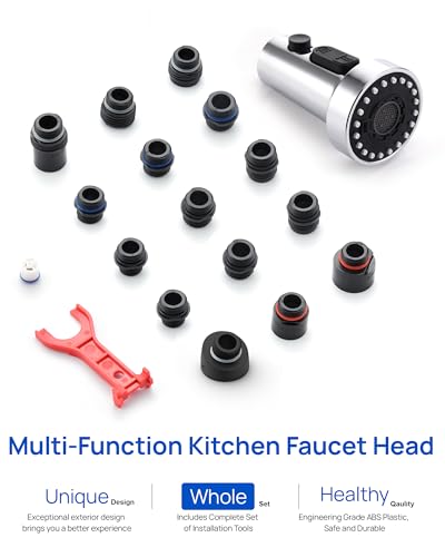 J-HVA Pull Down Kitchen Faucet Sprayer Head Replacement Part, Chrome | 3 Function with 15 Connectors Pull Out Sink Sprayer Replacement Nozzle, Kitchen Faucet Head Hose Spray Tap Spout - color: Chrome
