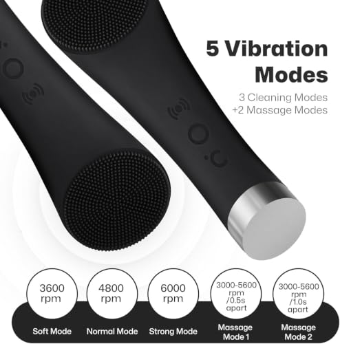 PRITECH Facial Cleansing Brush, Rechargeable Silicone Face Scrubber with Heat Massage End, Vibrating Exfoliator Scrubber for Deep Cleaning, Waterproof Face Brush for Women and Men (Black) - color: Black