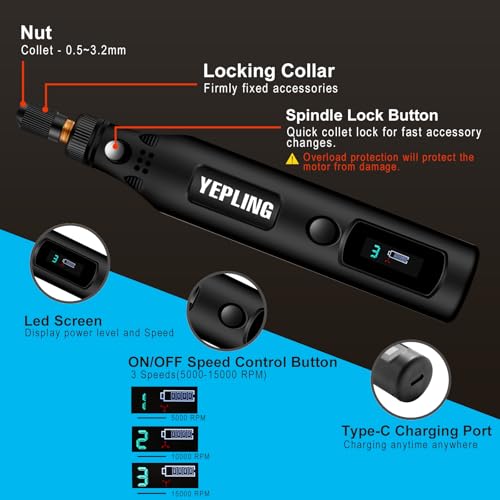 Cordless Rotary Tool, 3.7V Li-Ion 3 Speed Electric DIY Mini Polisher Kit with LED Screen, 72 Pieces Accessories USB Cordless Multi-Tool, Great for Light Small DIY Work