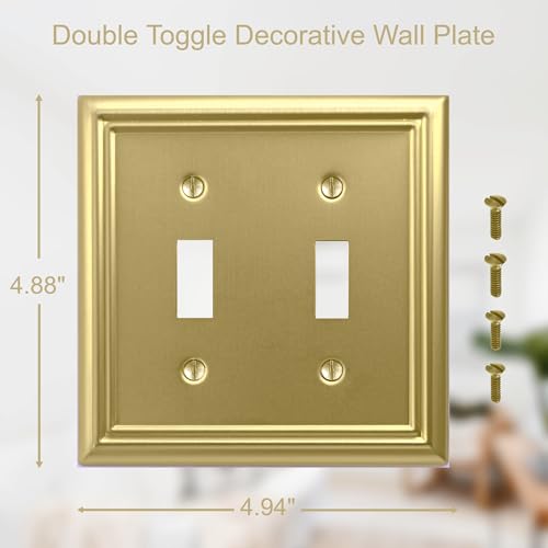 OKAWYC Double Toggle Light Switch Cover Adler Metal Wall Plate, 2-Pack Brushed Brass 2 Gang, for Light Switch Cover Decorative Wallplate, Durable - size: 2 Toggle