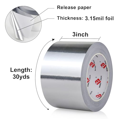 BOMEI PACK Aluminum Foil Tape,Heavy Duty Metal Foil Tape,High Temperature Silver Duct Tape,Perfect for Sealing & Patching,HVAC,Air Ducts,Insulation and Metal Repair (3 Inch) - size: 3 Inch x 30 Yards