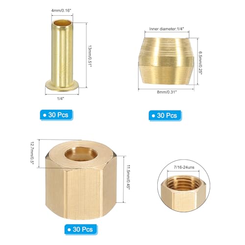 PATIKIL 90Pcs Brass Compression Fittings Assortment Kit, 1/4" Compression Sleeves Ferrules Inserts Nuts for Connecting Air, Fuel, Water, Oil and Inert Gases