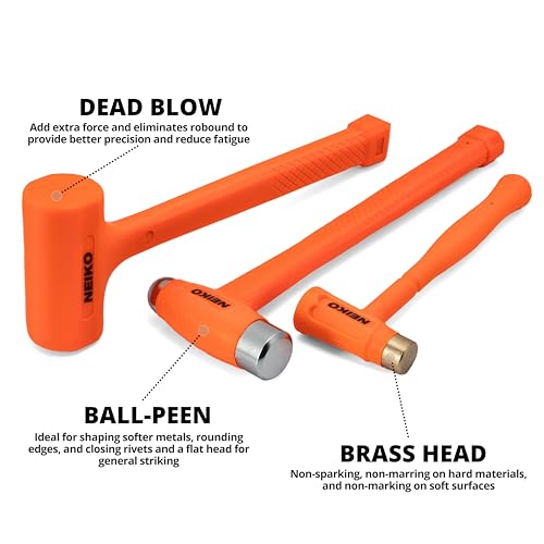 NEIKO 02889A Dead Blow Hammer Set, 3-Piece Variety Pack, 1-1/2 LB Deadblow, 12oz Brass Cap, 16oz Ball-Peen, Brass, Dead Blow Mallet, Soft Blow - size: Variety 3 Pack, style: Brass Cap Dead Blow