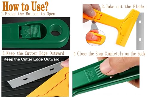 2pack Razor Blade Scraper, Industry Glass Window Scraper, Heavy Duty Cleaning Scraping Hand Tool with 20pcs Blades for Putty Residue Stains Paints Glue Mud Wallpaper Removing Remover Cleaner (Yellow) - color: Yellow