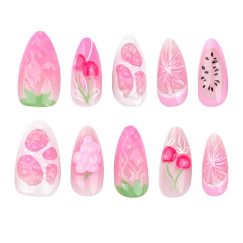 Spring & Summer 3D Fruit Colour Press On Nails Medium Almond, 3D Cherry Strawberry Sweet Orange Designer Reusable Acrylic Fake Nails, Salon Quality False Nails. Daily Wear Nails For Women - color: LF-3536, size: 24 Pieces (Pack of 1)