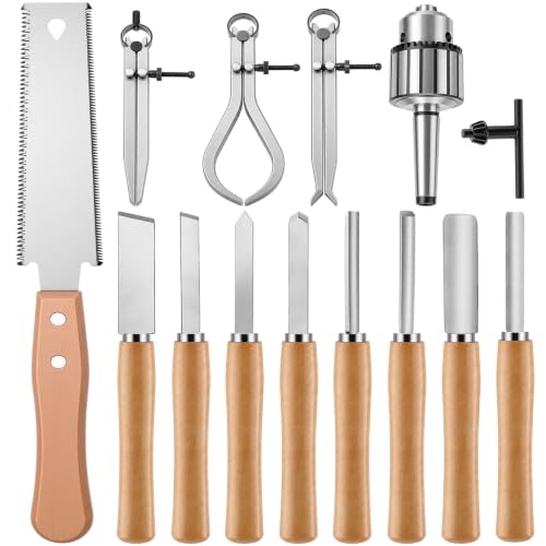 13 Pcs Woodworking Tool Set Include 8 Wood Turning Chisel Lathe Chisel, 3 Spring Caliper Divider, Double Edge Woodworking Hand Saw, 5/8 Inch Keyed Drill Chuck with MT2 Arbor Taper