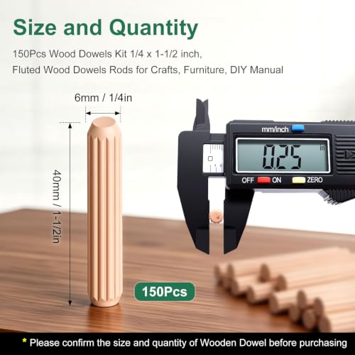 150Pcs Wood Dowels Kit 1/4 x 1-1/2inch, Wooden Dowel Pins, Fluted Wood Dowels Rods for Crafts, Furniture, DIY Manual - size: 1/4" x 1-1/2"-150pcs