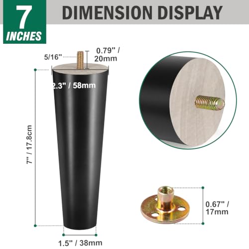 FoDau770 Rubber Wood Legs 7", Straight Taper, 5/16"-18 Thread, Black, 4pcs | Wood Couch legs - Mid Century Sofa Legs - Furniture legs Replacement for Cabinet Dresser Chair Ottoman - color: Black, size: 7 Inch - Straight (90°)