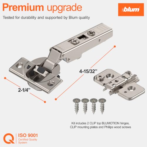 Blum Clip top BLUMOTION Hinge Kit (1 Kit), Full Overlay, 110° Opening Angle, Steel, Soft Close Euro-Style Hinges with Clip Mounting Plate for Frameless Cabinets - size: 1 Kit