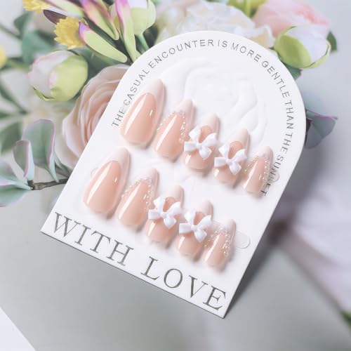 Press on Nails - White Bow Pearl Design Medium French Tip Fake Nails with Embossed Flower Designs, Glossy Finish Reusable False Nails with Glue Tabs - 24Pcs Nail Kit - color: white bow pearl