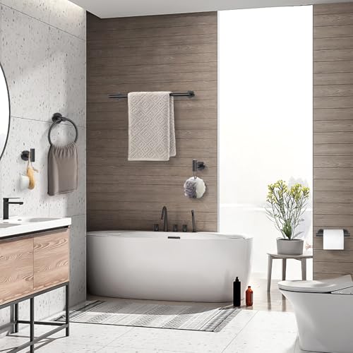 TQKAG 5 Piece Black Bathroom Accessories, 23.6" Bathroom Towel Bar Holder | 23.6" Bathroom Hardware Set, SUS304 Stainless Steel, Double Post Pivoting, Towel Hooks, Toilet Paper Holder Set Wall Mounted - color: Matte Black, size: 5-Pieces Set-B