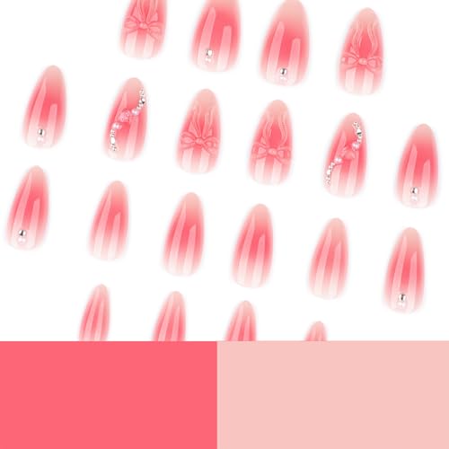 Mivota Pink Ombre Soft Gel Press On Nails 24PCS – 3D Bow Almond Fake Nails with Rhinestones, Glossy Reusable Glue On Nails for Women, Salon Quality Cute Natural Gradient Nail Tips - color: 3D-61-Red Gradient Bow