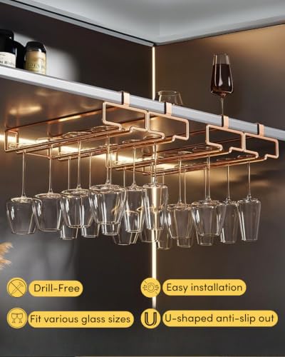 LINFIDITE 2 Pack Under Cabinet Wine Glass Rack Rose Gold Wine Glass Holder Stemware Rack Hanger Kitchen Hanging Storage Rack Organizer (For Partition Thickness under 0.98") - color: Rose Gold, size: Shelf Thickness Under 0.98in