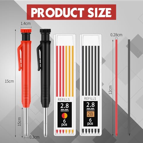 MotiMind 8 Pcs Mechanical Carpenter Pencils, 2.8mm, Black+red - color: Black+red
