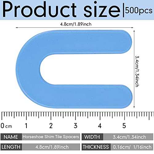 Yookeer 500 Pieces Tile Leveling System Tile Spacers 1/16 Inch, Horseshoe Shim U Shape Plastic Vitrolite Leveling Clips for Various Types, Blue