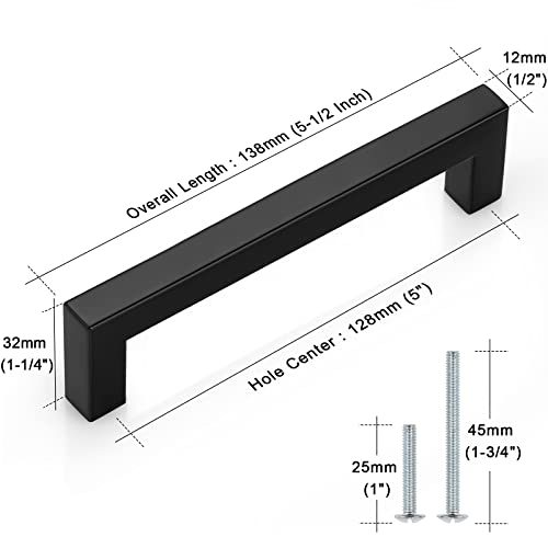 Probrico 5 Pack 5 Inch (128mm) Hole Center Cabinet Handles Stainless Steel Kitchen Drawer Pulls Square Bar Cabinet Hardware for Kitchen Bathroom Cupboard - color: Black, size: 5" hole center