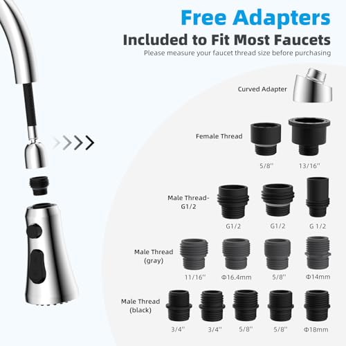 Hibbent Pull Down Kitchen Faucet Head Replacement with 15 Adapters - color: Chrome, style: Stay on sprayer without hold button