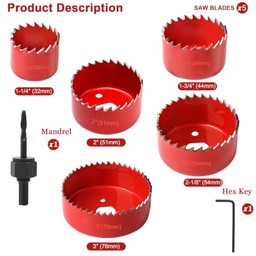 7-Piece Hole Saw Kit with Mandrel for Softwood and PVC - color: 7pc red