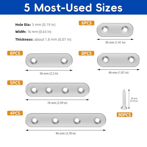 111PCS 5 Sizes Flat Mending Plates for Wood Metal Brace Bracket Stainless Steel Straight Wood Brackets with Screw Holes 1.4"/1.8"/2.2"/3.0"/3.8" inch(Silver) - color: Silver