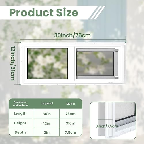 Vinyl Basement Window, Bathroom Sliding Window 30" x 12" White | Double Pane Insulated Tempered Glass and Fiberglass Screen for Basement, Bathroom, Shed - size: 30x12 IN