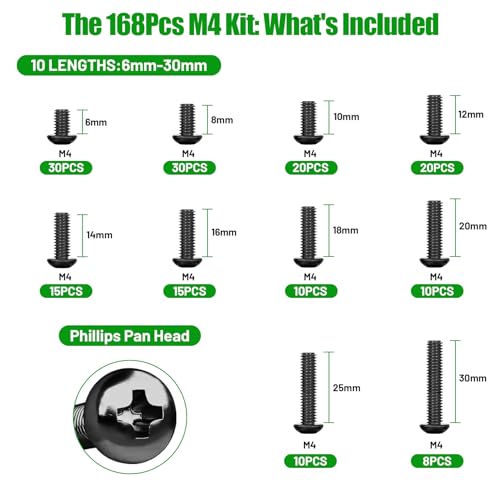 168 Pcs M4 Phillips Pan Head Machine Screws Kit for Switch Boxes | 10 Metric Sizes (M4 x 6mm to 30mm), Carbon Steel Black Screws for Wall Socket Outlets & Faceplates, Clear Label Storage Box - size: 168Pcs M4*6/8/10/12/14/16/18/20/25/30mm-Pan